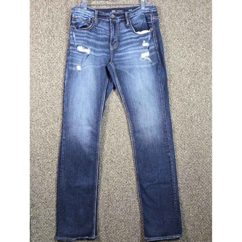 BKE Jake Straight Jeans Women 33x36 Dark Wash‎ Distressed Ripped Denim